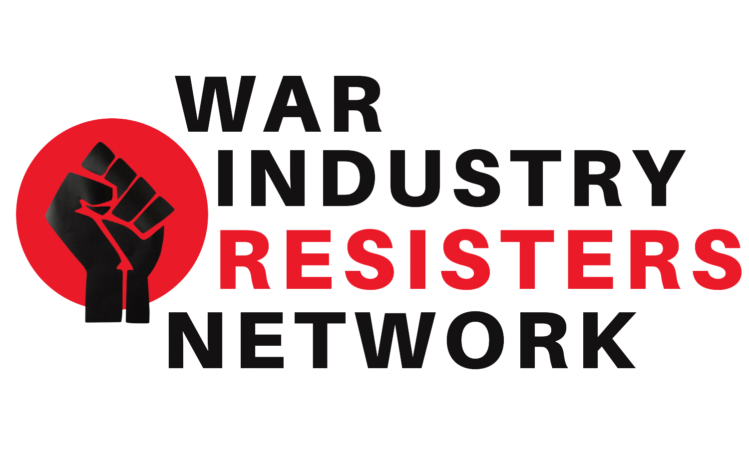 A clenched, raised fist in black, inside a red circle, at left, with the words War Industry Resisters Network at right